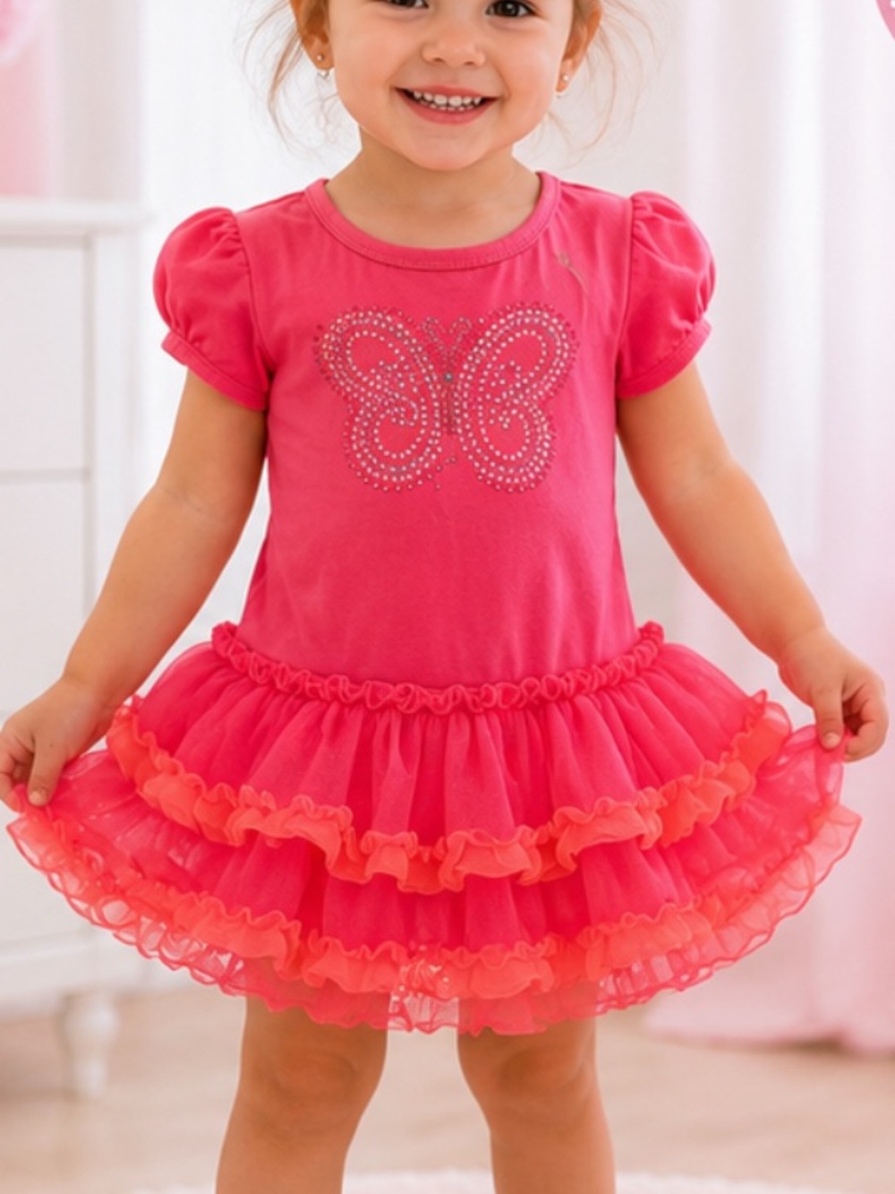 Beautees Pink Layered Tutu Dress with Butterfly Rhinestones 3T